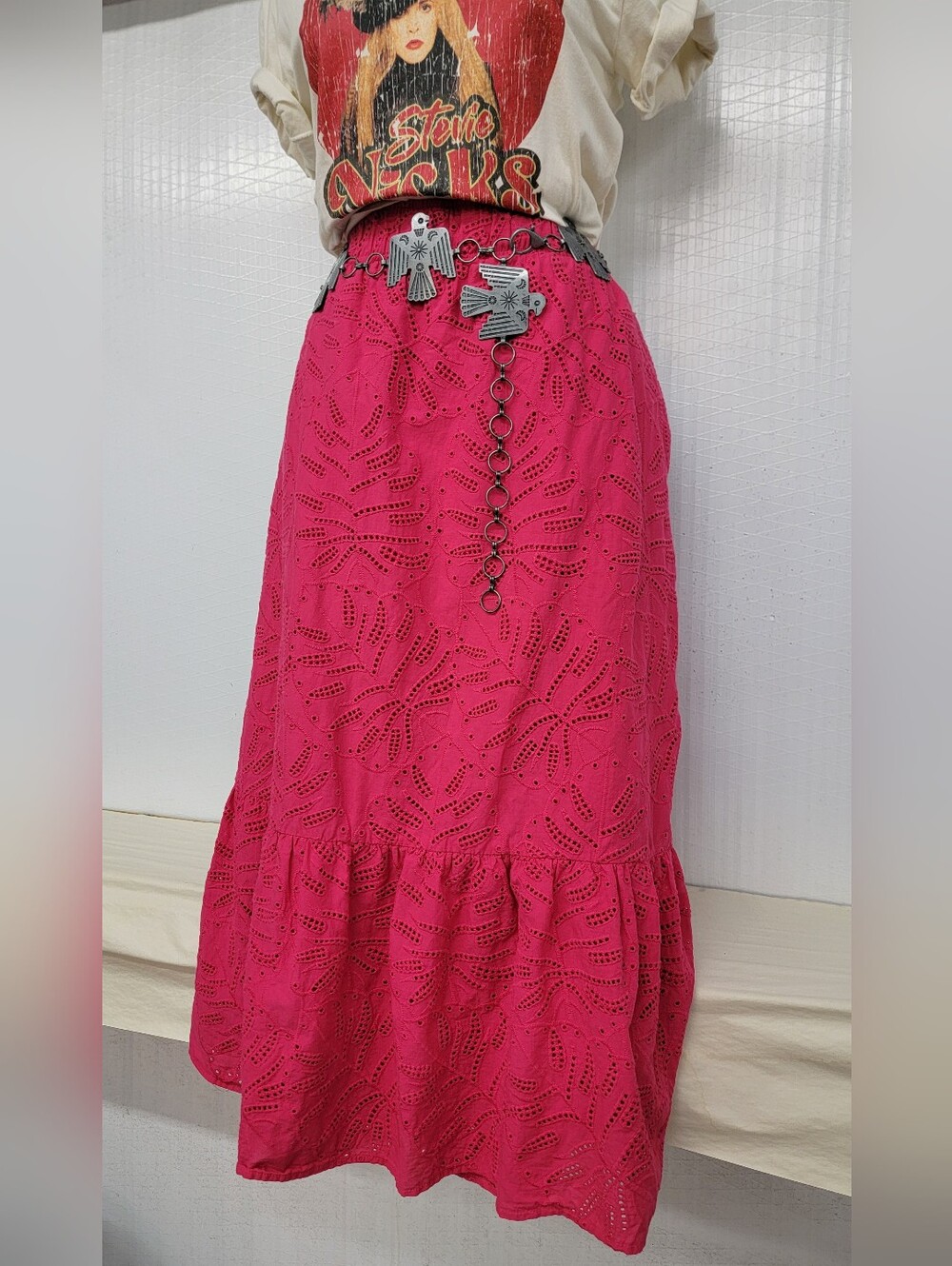 Bohemian Gypsy Pink Eyelet Maxi Skirt